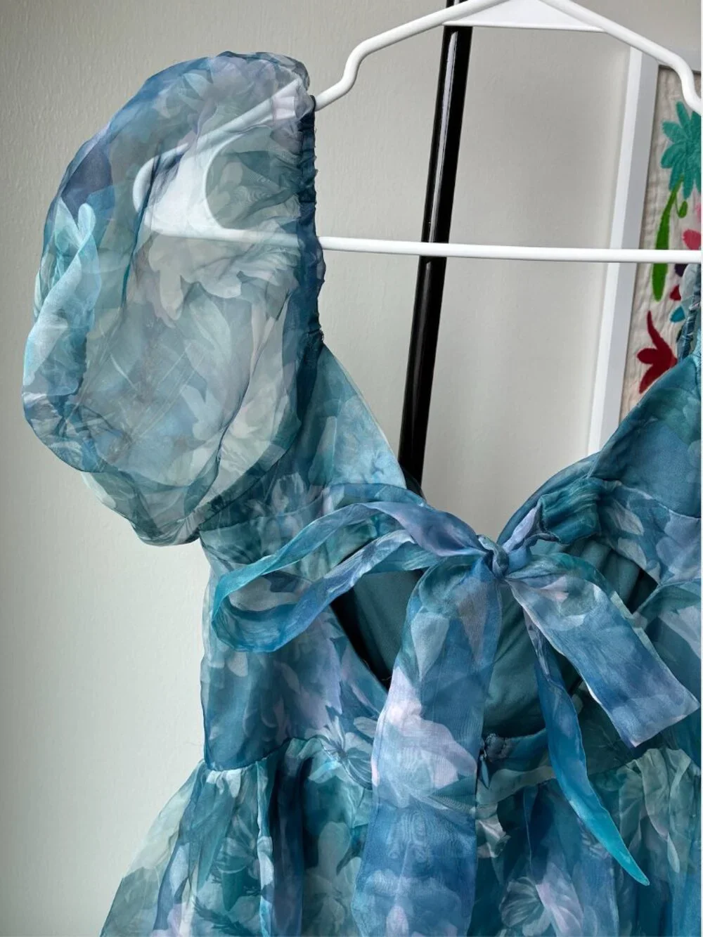 Lulus Lovely Statement Teal Blue Floral Organza Tie-Back Midi Dress - Size M - Picture 9 of 16